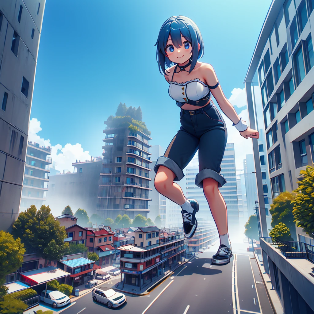 Una sayaka miki de 50mts, con la ciudad a sus sus pies, usa tacones celestes altos, It is standing crushing a building looking down on the small town, His feet do not allow the small cars to pass, ella esta sonriendo