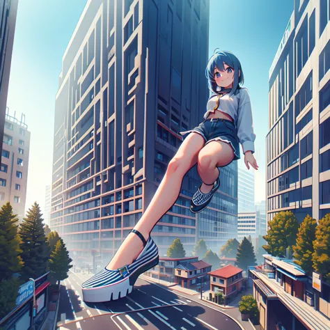 una sayaka miki de 50mts, con la ciudad a sus sus pies, usa tacones celestes altos, it is standing crushing a building looking d...