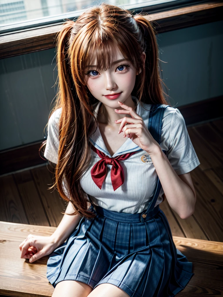 （8k, highest quality, Pieces fly:1.2)、Ultra-high resolution、anime,1 very pretty girl,Asuka Langley,Highly detailed face, Fine grain,blue eyes,,White sailor collar plain short sleeve shirt,Light blue skirt,Light Blue Suspenders,uniform_Red ribbon,Orange Hair,Long Hair、Detailed hand and fingers,put your hands in your hair,Grin、sitting on desk,Shooting from above,classroom