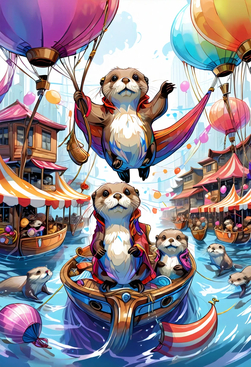 fantasy anime, CGI UHD, cinematic, full body, dynamic view, absurd, a fantastic parade of anthropomorphic otters, with fanfare and banner bearers, celebrating International Otter Day, custom otter balloons, festive vibe,