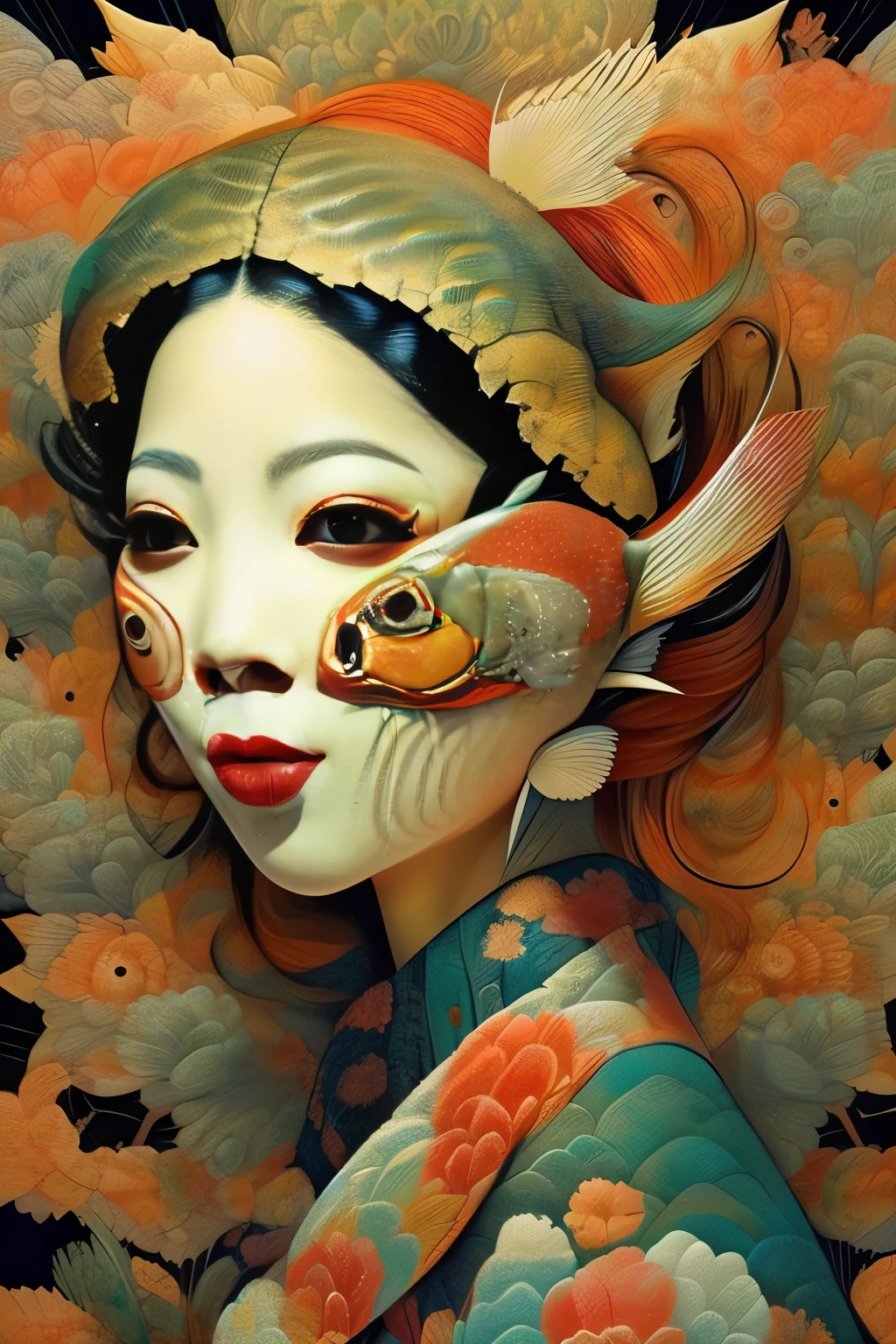 Carpa Koi vestida com quimono tradicional japonês、(Mulher com cara de carpa:1.7)