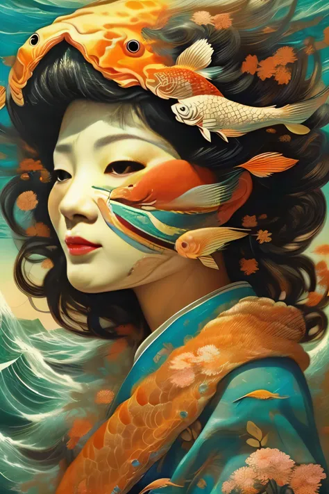 Koi carp dressed in traditional Japanese kimono、(Woman with a carp face:1.7)