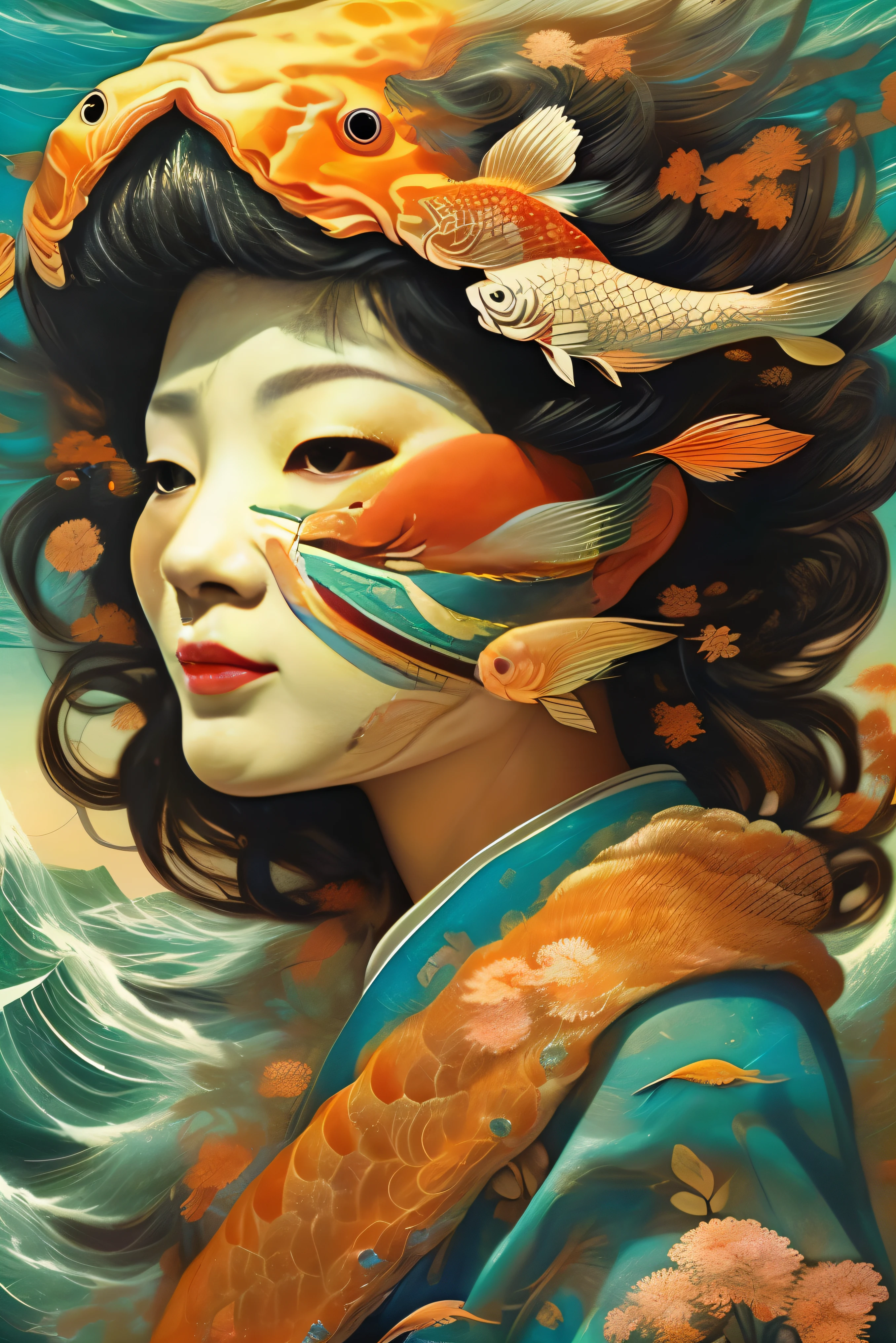 日本の伝統的な着物を着た鯉、(鯉の顔をした女性:1.7)