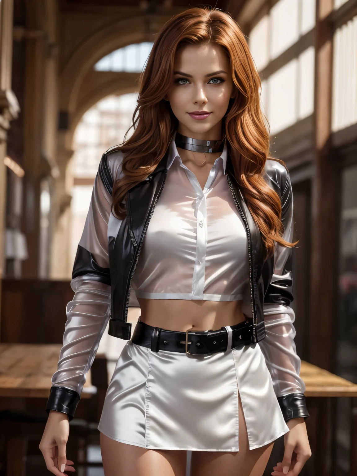 Super Detailed midbody image of gorgeous young woman with red wavy hair, massive metal posture collar, fierce look, (cropped leather jacket:1.3), (transparent white satin shirt :1.4), (see-through satin short), (transparent shirt), (leather skirt),standing in a turkish marketplace, perfect make-up, looking away from camera, cannon 6d, octane render, (hand on her hips:1.2), seductive pose, power pose, striking, (smiling:1.3), happy, expressive look, alluring look, determined look, strong eyeliner, mesmerizing eyes, elegant, graceful, natural beauty, magnetic, charismatic, versatile, photogenic, backlit, 