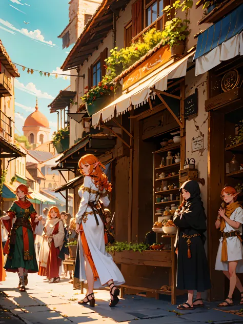 masterpiece, high quality, elves, (long elf ears), (orange hair), Arabic town square, fantasy buildings, crowd of elves, fantasy...