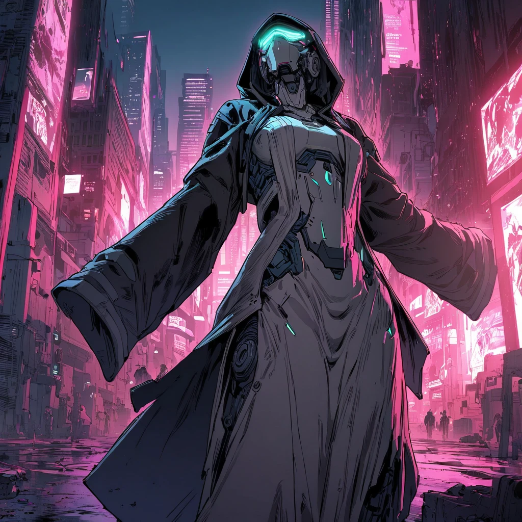 (highest quality:1.3), (Top performance:1.2), (Best illustrations:1.2), (Comic book style:1.2), (Artistic Film Lighting:1.2) (1 person) Wearing futuristic technology cyberpunk electronic robe, His body is covered with metal parts, Horror movie-like background of a futuristic cyberpunk city.