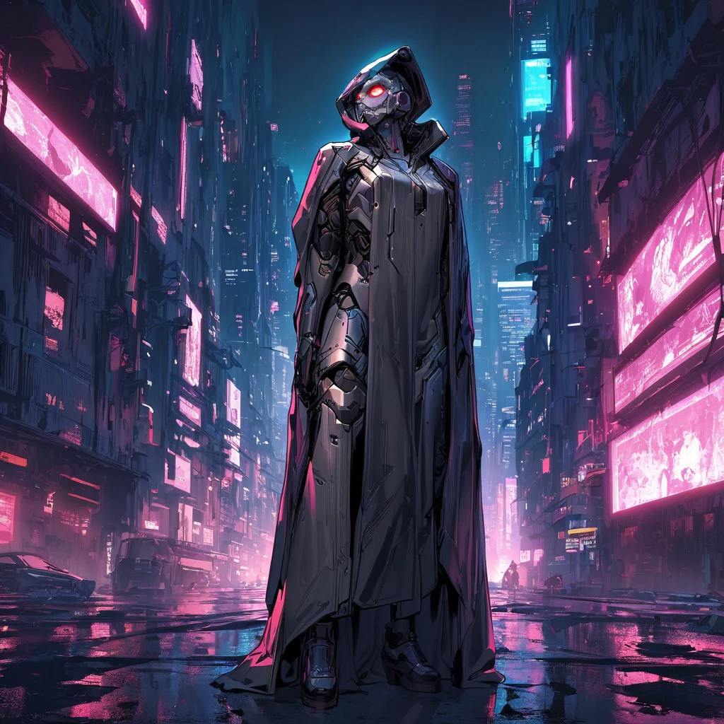 (highest quality:1.3), (Top performance:1.2), (Best illustrations:1.2), (Comic book style:1.2), (Artistic Film Lighting:1.2) (1 person) Wearing futuristic technology cyberpunk electronic robe, His body is covered with metal parts, Horror movie-like background of a futuristic cyberpunk city.