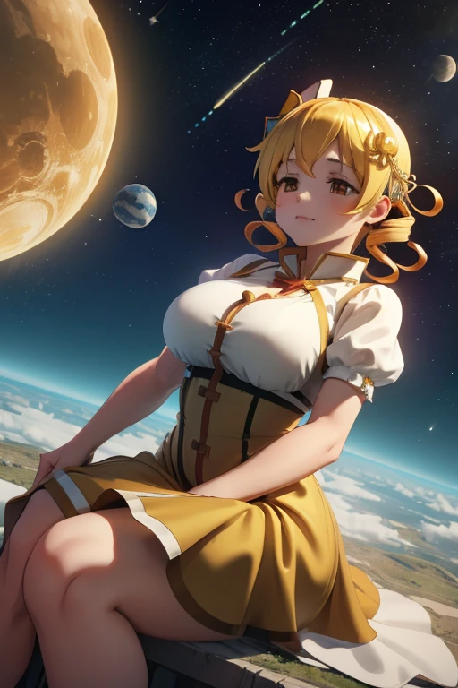 Giantess Mami tomoe with curly hair, in the space sitting in a tiny planet earth, she is wearing a greco roman goddess dress color gold, big boobs