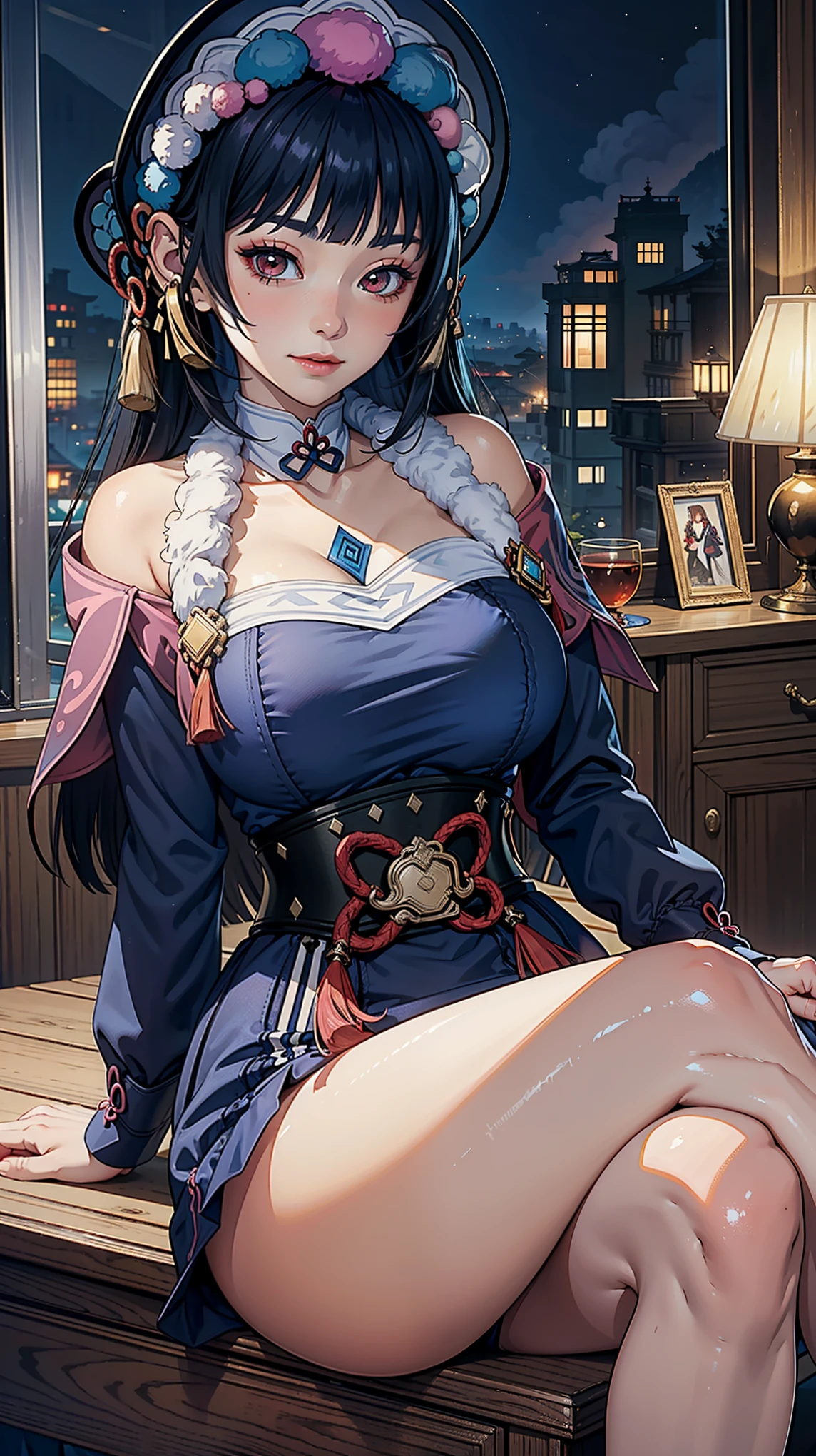 (Yunjindef), (narrow waist), blushing, official art, detail face, cg,looking at viewer, (sitting),indoor, (expansive landscape photography:1.2),(night), huge breast