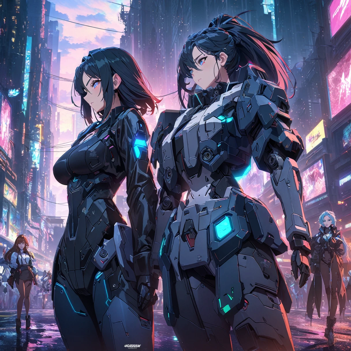 two anime girls in a cyberpunk city with robots, highly detailed anime style, digital cyberpunk anime art, cyberpunk anime girl mecha, cyberpunk anime art, modern cyberpunk anime, digital cyberpunk - anime art, anime mecha aesthetics, stunning anime 8k, best anime 4k wallpaper, mecha aesthetics, anime cyberpunk, anime style 4k