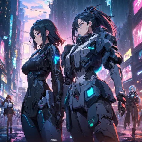 two anime girls in a cyberpunk city with robots, highly detailed anime style, digital cyberpunk anime art, cyberpunk anime girl ...