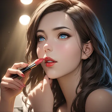 a beautiful woman applying lipstick, detailed beautiful woman's face, ultra-detailed eyes and face, extremely detailed lips, bea...