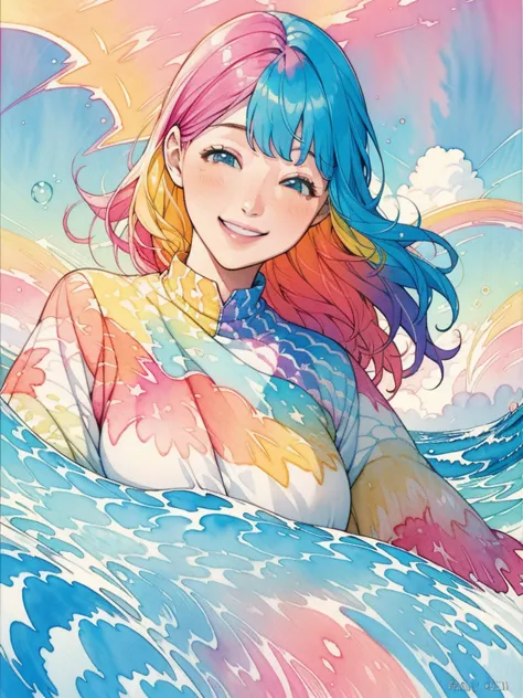 colorful girl in a watercolor painting, medium watercolor, official digital art, beautiful and aesthetic (1.2), 1 girl (1.3), fr...