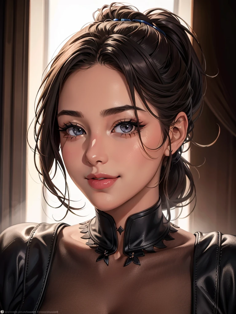 1girl, beautiful detailed eyes, beautiful detailed lips, beautiful detailed face, long eyelashes, smiling, ponytail, realistic, photorealistic, masterpiece, 8k, best quality, ultra-detailed, extremely detailed, vivid colors, studio lighting, physically-based rendering, professional