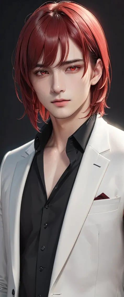 elegant young man with long red hair and intense red eyes, wearing a simple black shirt and jacket, looking directly at the view...