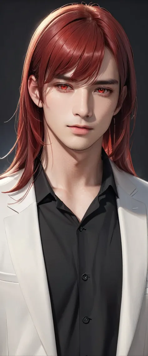 elegant young man with long red hair and intense red eyes, wearing a simple black shirt and jacket, looking directly at the view...