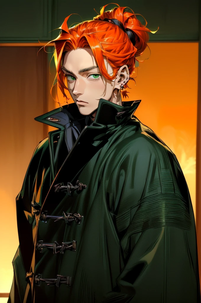 ((highest quality, masterpiece, 1 male, good looking, male, Adult male, Older male sex, Broad shoulders, Tall((Big Hair)), Looking at the audience ((Green Eyes)), ((Orange Hair, Hair tied up), Are standing, Earrings, Aged face, Adult, アニメ version, black Coat Outfit, Tall male, アニメ, Coat Outfit, Show the whole character