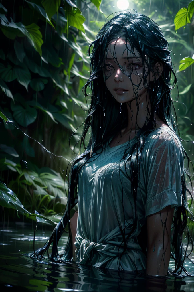 A beautiful and terrifying woman rising from water, (sad expression:1.2), (long wet hair:1.2), moss, smoke, vines, swirling water, fireflies, midnight, moonlight, backlit, (masterpiece:1.2), (best quality), (detailed), (complex), (8k), (highres), (wallpaper), (cinematic lighting), (sharp focus)