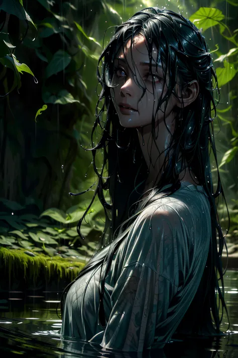 A beautiful and terrifying woman rising from water, (sad expression:1.2), (long wet hair:1.2), moss, smoke, vines, swirling wate...