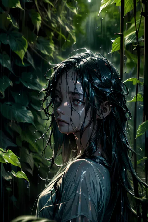 A beautiful and terrifying woman rising from water, (sad expression:1.2), (long wet hair:1.2), moss, smoke, vines, swirling wate...