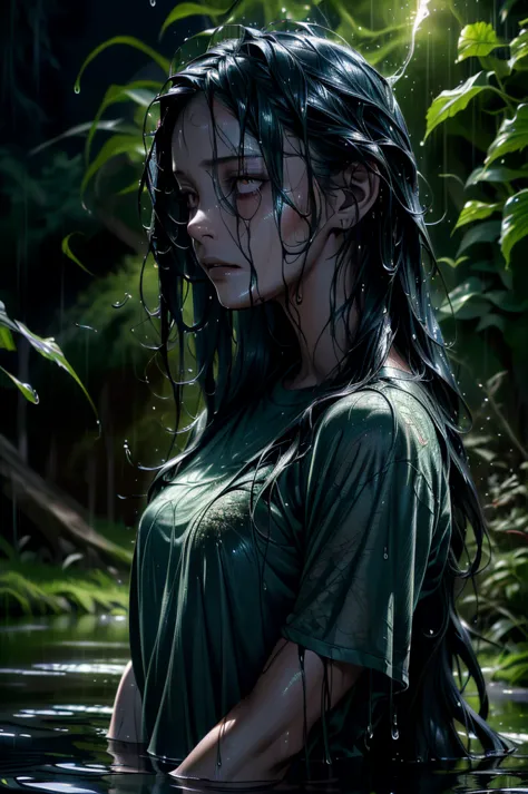 A beautiful and terrifying woman rising from water, (sad expression:1.2), (long wet hair:1.2), moss, smoke, vines, swirling wate...