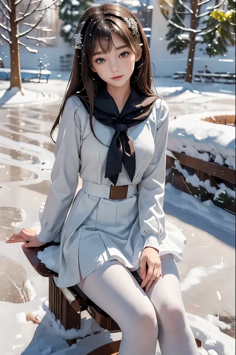 (((masterpiece))),((top quality)),one beautiful girl,bangs、white sailor uniform:1.5)、(black pantyhose)、(dark brown loafers)、snow...