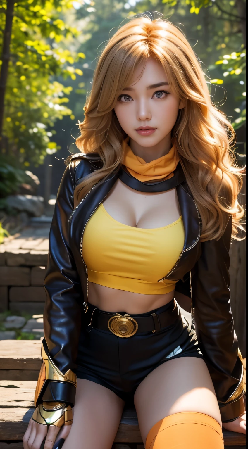 Yang Xiao Long (\Ruby\), 1 girl, highest quality, High resolution, masterpiece, High resolution, sharp: 1.2, Perfect body beauty: 1.4, Slim Abs: 1.2, Highly detailed face and skin texture, Fine grain, double eyelid, Looking into the camera, Purple eyes, Long Hair, Forest Background, Perfect lighting,(bright), leather jacket, Hyperrealism, Knee socks, Ruby, wavy bright golden hair, Mechanical gauntlet, Tan shorts, Orange neckband, Tea belt, Yang Xiao Long