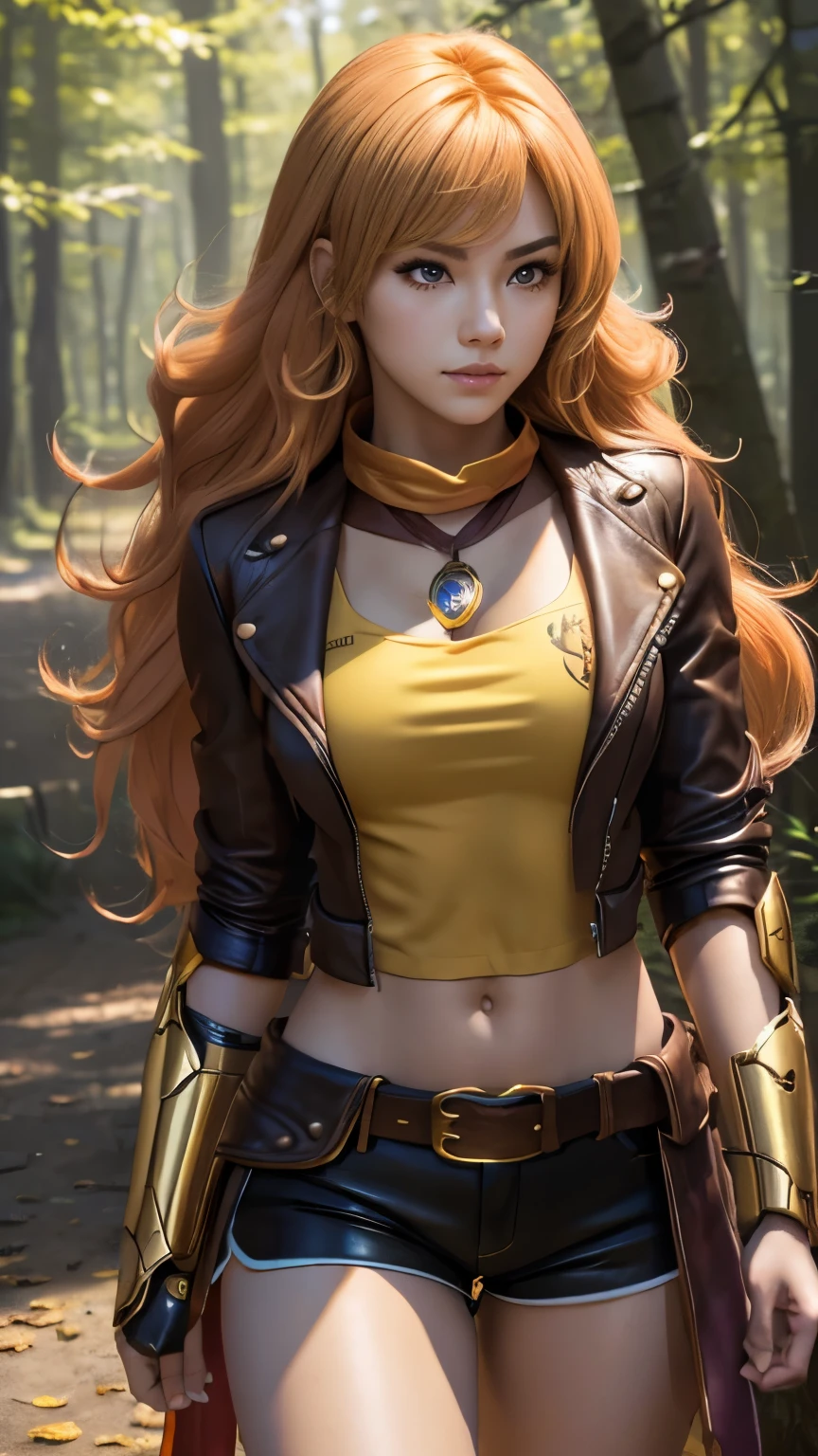 Yang Xiao Long (\Ruby\), 1 girl, highest quality, High resolution, masterpiece, High resolution, sharp: 1.2, Perfect body beauty: 1.4, Slim Abs: 1.2, Highly detailed face and skin texture, Fine grain, double eyelid, Looking into the camera, Purple eyes, Long Hair, Forest Background, Perfect lighting,(bright), leather jacket, Hyperrealism, Knee socks, Ruby, wavy bright golden hair, Mechanical gauntlet, Tan shorts, Orange neckband, Tea belt, Yang Xiao Long