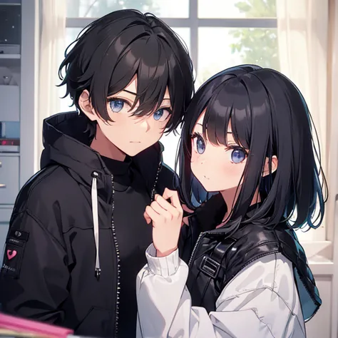 ((((cute room)))),a loving couple,are standing,  short hair, black hair,one eye、black nylon jacket(cyber), cool beauty、looking a...