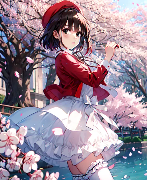 (masterpiece, highest quality, colorful, dynamic angle, most detailed:1.2)  cowboy shot,  
katou megumi, 
white dress, red jacke...