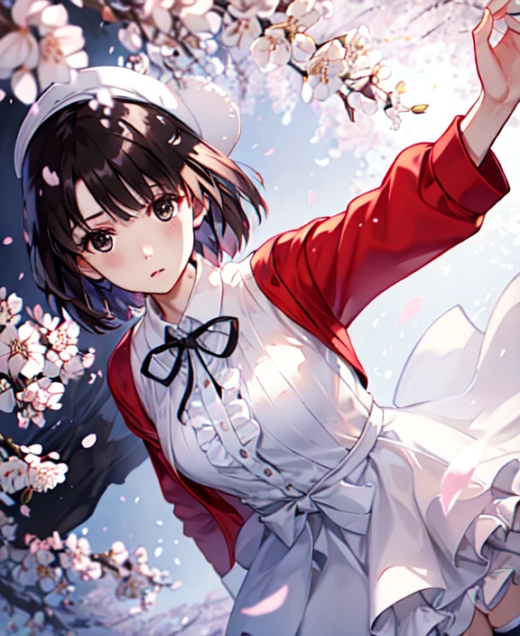 (masterpiece, highest quality, colorful, Dynamic Angle, Most detailed:1.2)  Cowboy Shot,  
Katou Megumi, 
White Dress, Red jacket, Neck ribbon, beret, White knee socks, Frills, bow,  Mary Jane. 
Floating Hair,  ((cherry blossoms, Falling petals)), 
 Bokeh, 
Sunlight passing through the hair, colorful art background, (Official Art, Very detailed, Most detailed),
