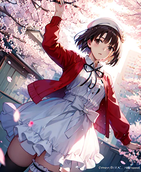 (masterpiece, highest quality, colorful, dynamic angle, most detailed:1.2)  cowboy shot,  
katou megumi, 
white dress, red jacke...