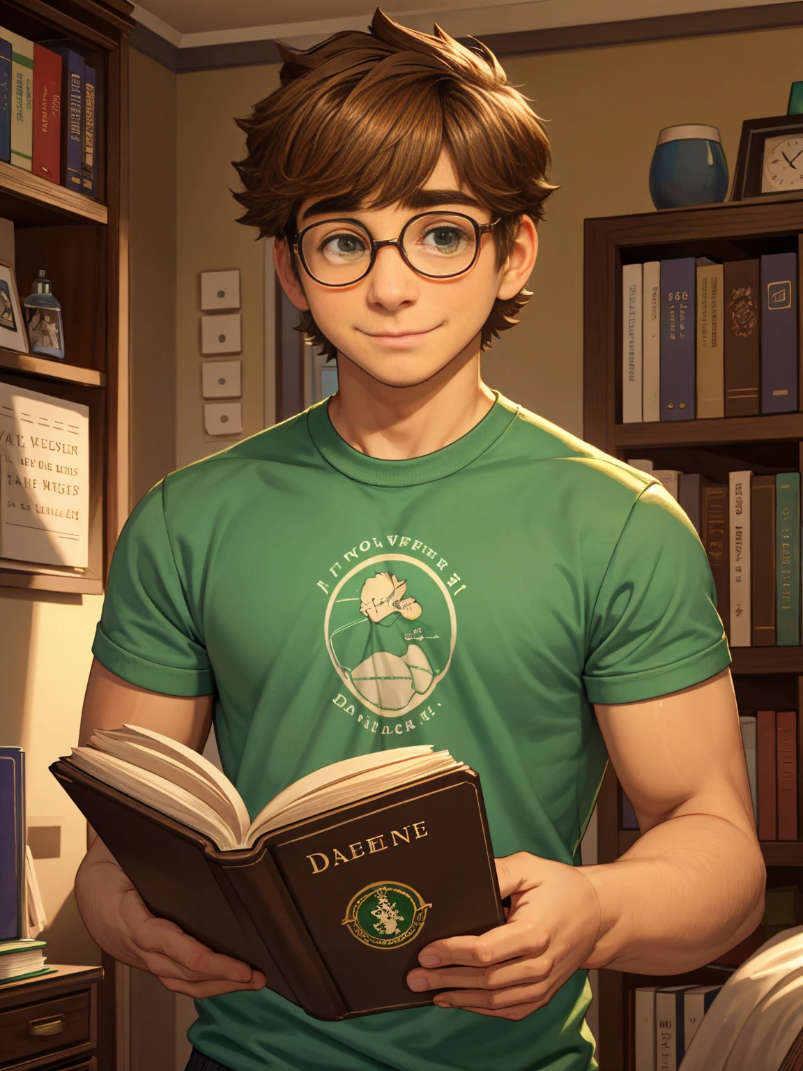 Cute, nerdy boy, brown hair, delicate face, beautiful face, shy expression and flushed cheeks, green eyes, delicate mouth, strong body. He's wearing round glasses, nerdy clothes, holding books. Scene, teenager's room.