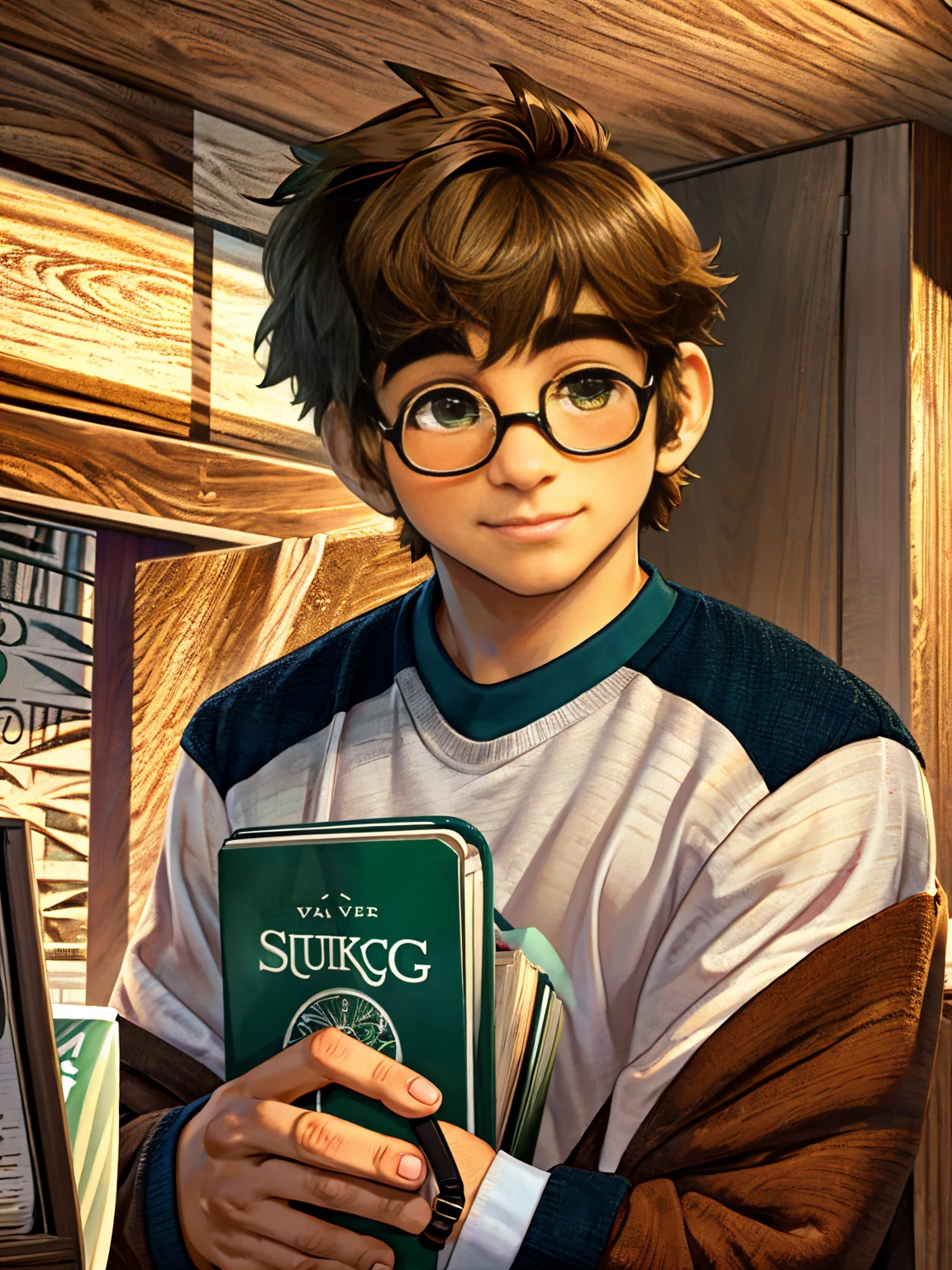 Cute, nerdy boy, brown hair, delicate face, beautiful face, shy expression and flushed cheeks, green eyes, delicate mouth, strong body. He's wearing round glasses, nerdy clothes, holding books. Scene, teenager's room.