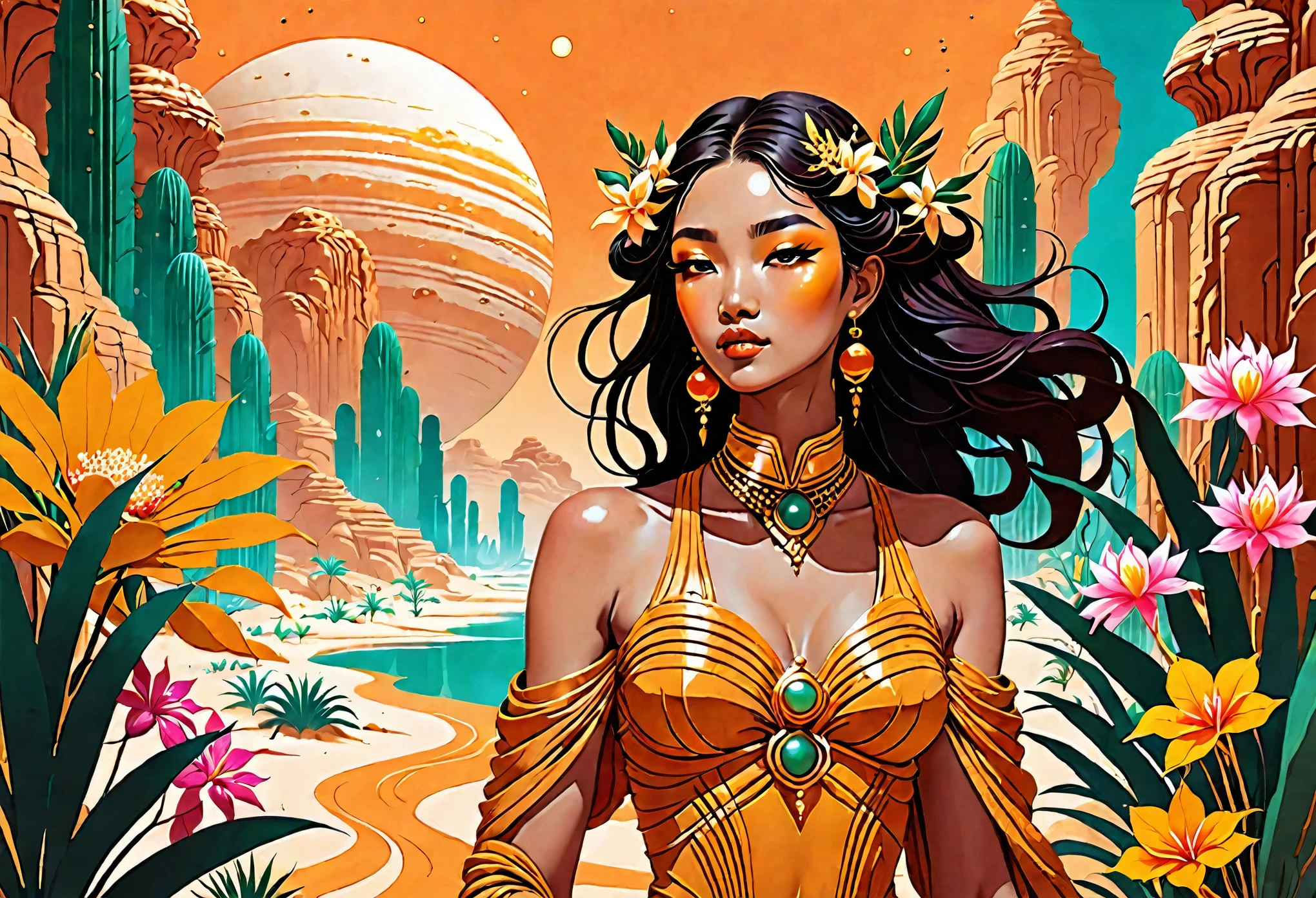 A god like Jupiter of a desert with ochre grain of sand, in juxtaposition duality with the nymph of an oasis with luscious vegetation and tropical flowers,  space opera confrontation, inspired by manhua aesthetics.