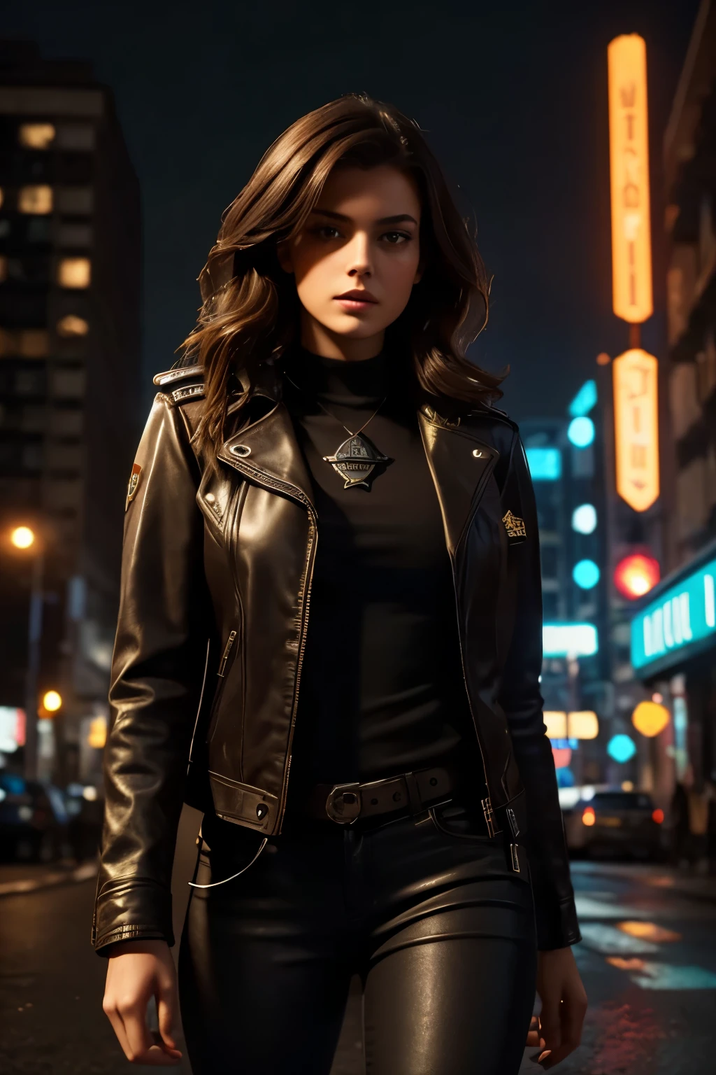 Portrait of natlp as a beautiful female model, georgia fowler, beautiful face, with short dark brown hair, in cyberpunk city at night. She is wearing a leather jacket, black jeans, dramatic lighting, (police badge:1.2)