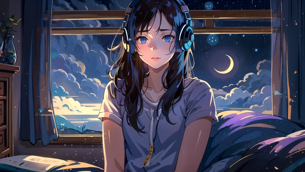 Create an illustration of a girl with dark hair and blue eyes, sitting sideways in front of the window of her room, She is wearing headphones and has a sentimental and introspective expression, Moonlight softly shines into the room, gently illuminating the space, Curtains sway in the breeze, enhancing the serene, melancholic atmosphere, Emphasizing the themes of solitude, silence, and the depths of night, the room is dark but slightly illuminated by moonlight