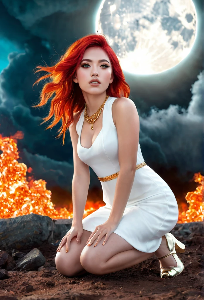 (photorealistic:1.7), (Stylish pose), (((Kneeling surrounded by clouds in the sky)) Is a girl. The Character eyes shine like jasper, her neck is graven with gold, her skin is lunmious as the moon. Wearing a white dress. Red and orange mix  teal hair, burning with fire