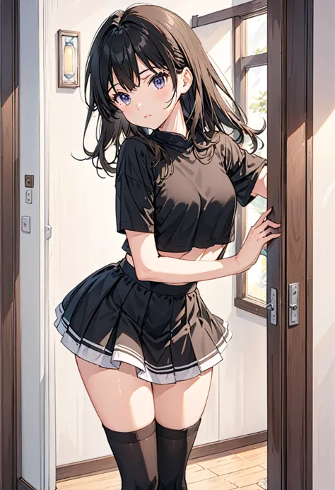 anime girl
wearing a black crop top and small skirt with thigh high socks in a bedroom leaning against the door frame