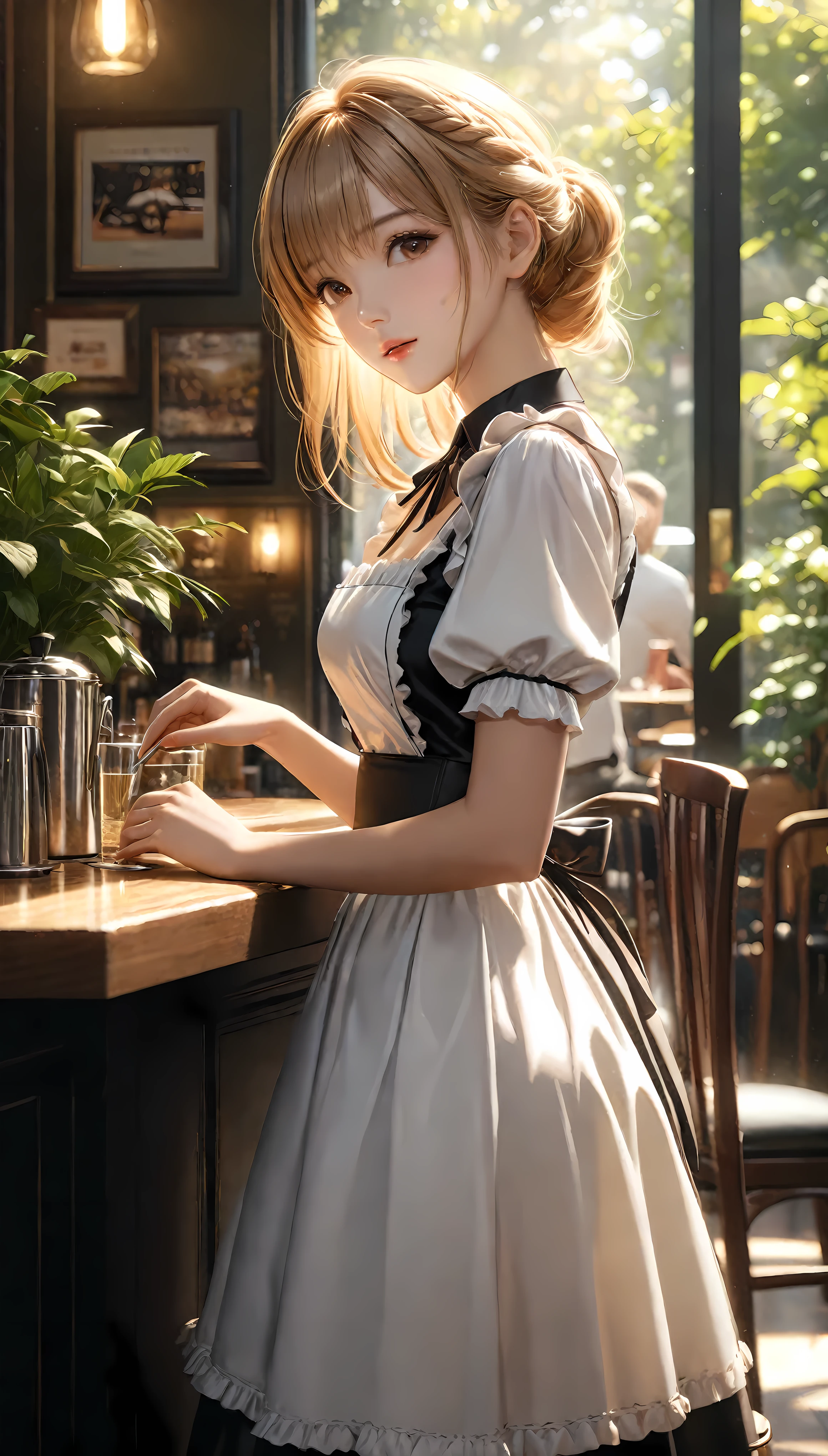 A woman in a maid outfit is standing at a table - SeaArt AI