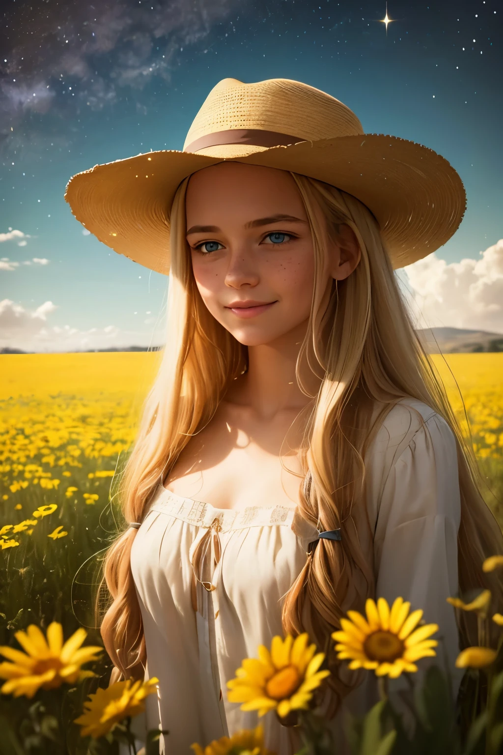 As the sun begins to set over a serene meadow, a serene meadow comes to life. In the center of the frame, a young buxom woman with freckles and very long curly blonde hair and a wide-brimmed hat gazes, tenderly into her surroundings. Her blue eyes bulge with a sense of contentment as she gazes towards the stars in the universe she occupies. The air is still, and the scent of fresh flowers fills the air, casting a soft golden glow on the landscape below. The words "innocent smile" are visible and hidden, a reminder of the boundless possibilities that can be found in the realm of imagination.