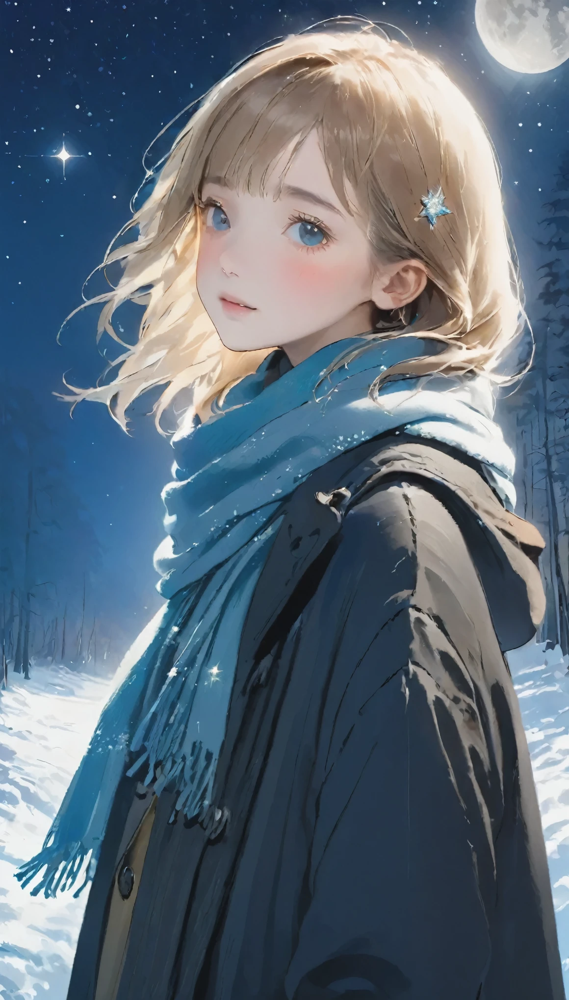 RAW Photos、Realistic、highest quality、masterpiece、14 years old、A girl wearing a duffle coat and an onahole、Luxury brand duffle coat、Brightly colored scarves、((Hair in the scarf:1.3))、cold夜、Red cheeks、breathe、minus３０The world of degrees、Diamond dust、月明かりに輝くDiamond dust、Deep in the forest、Full moon night、かわいいface、Very detailed_face_eye、cold、Alaska Night、Starry Sky、