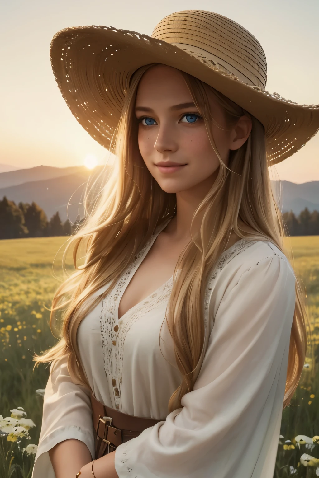 As the sun begins to set over a serene meadow, a serene meadow comes to life. In the center of the frame, a young buxom woman with freckles and very long curly blonde hair and a wide-brimmed hat gazes, tenderly into her surroundings. Her blue eyes bulge with a sense of contentment as she gazes towards the stars in the universe she occupies. The air is still, and the scent of fresh flowers fills the air, casting a soft golden glow on the landscape below. The words "innocent smile" are visible and hidden, a reminder of the boundless possibilities that can be found in the realm of imagination.