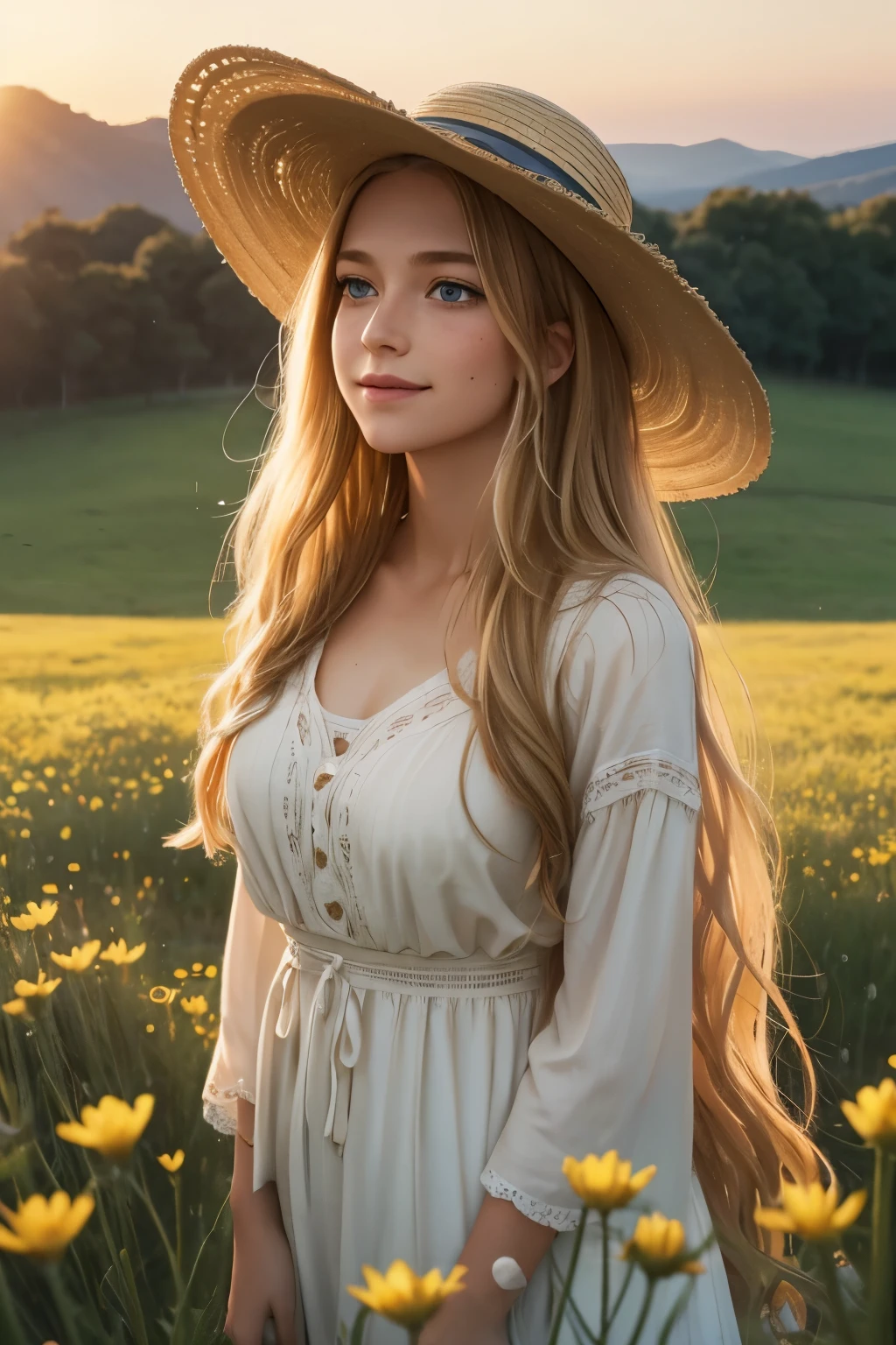 As the sun begins to set over a serene meadow, a serene meadow comes to life. In the center of the frame, a young buxom woman with freckles and very long curly blonde hair and a wide-brimmed hat gazes, tenderly into her surroundings. Her blue eyes bulge with a sense of contentment as she gazes towards the stars in the universe she occupies. The air is still, and the scent of fresh flowers fills the air, casting a soft golden glow on the landscape below. The words "innocent smile" are visible and hidden, a reminder of the boundless possibilities that can be found in the realm of imagination.