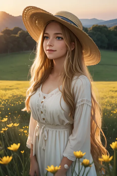 As the sun begins to set over a serene meadow, a serene meadow comes to life. In the center of the frame, a young buxom woman wi...