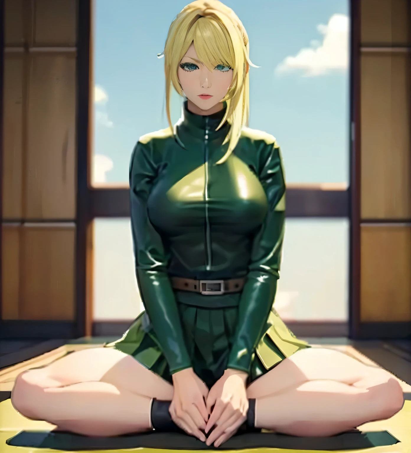 blonde、amount、Green Leather Shirt、seiza、Split seat、Black pleated skirt、super fine illustration,(((beautiful fine hair))),(((beautiful fine face))),(((beautiful fine background))),4k