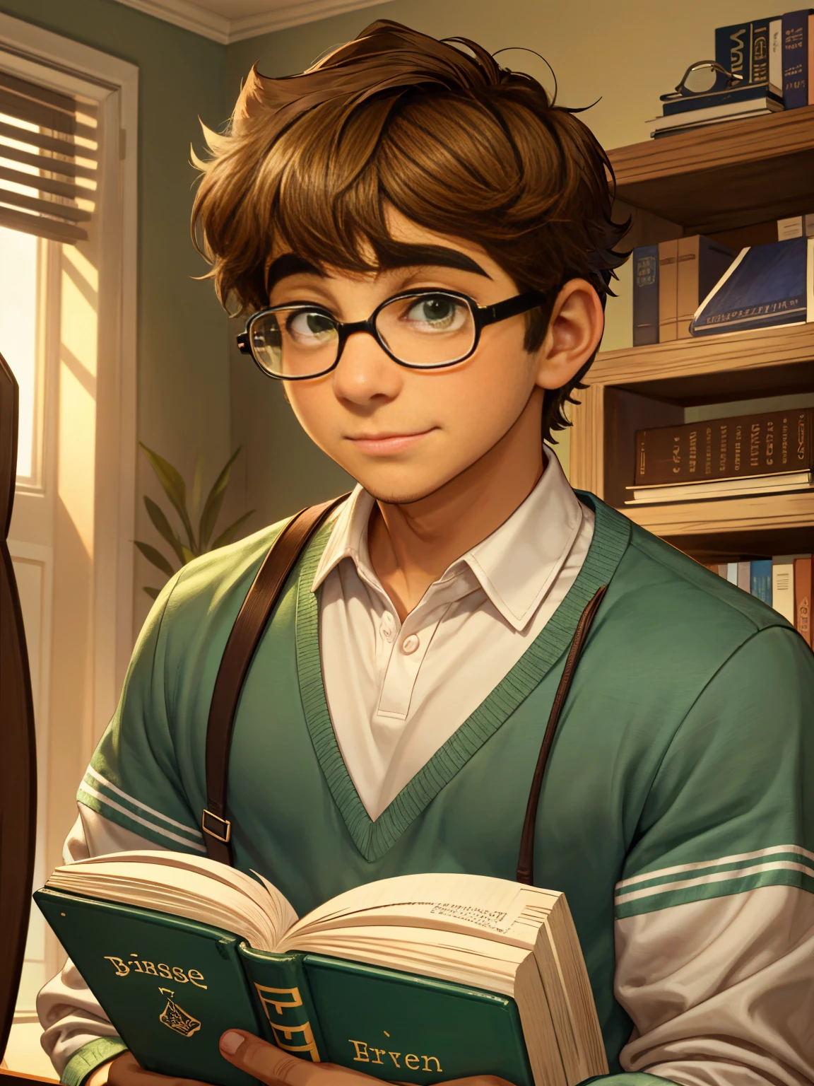 Cute, nerdy boy, brown hair, delicate face, beautiful face, shy expression and flushed cheeks, green eyes, delicate mouth, strong body. He's wearing round glasses, nerdy clothes, holding books. Scene, teenager's room.