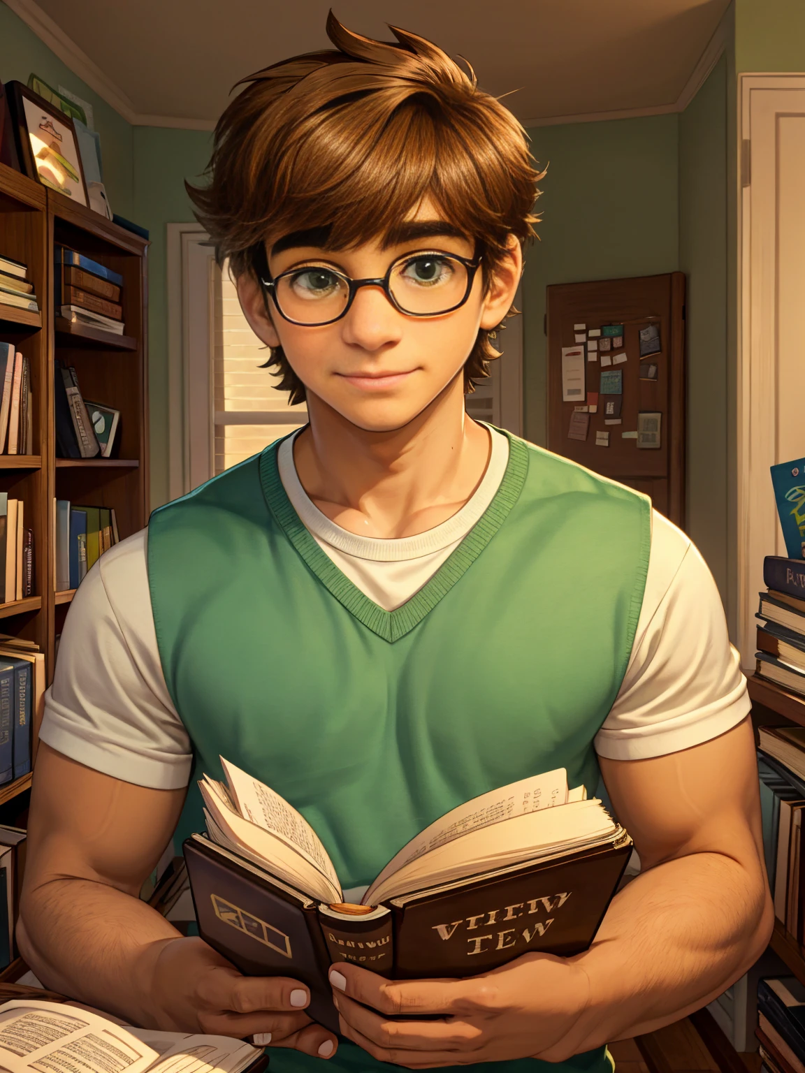 Cute, nerdy boy, brown hair, delicate face, beautiful face, shy expression and flushed cheeks, green eyes, delicate mouth, strong body. He's wearing round glasses, nerdy clothes, holding books. Scene, teenager's room.