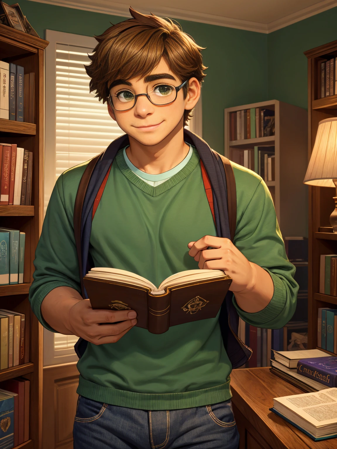 Cute, nerdy boy, brown hair, delicate face, beautiful face, shy expression and flushed cheeks, green eyes, delicate mouth, strong body. He's wearing round glasses, nerdy clothes, holding books. Scene, teenager's room.