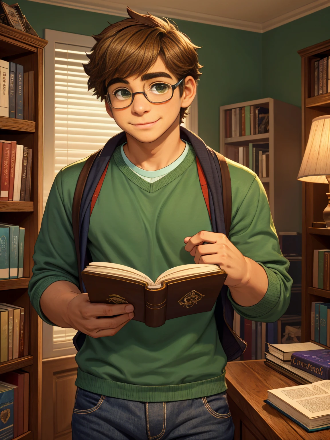 lindo, chico nerd, Pelo castaño, cara delicada, Hermoso rostro, expresión tímida y mejillas sonrojadas, ojos verdes, boca delicada, cuerpo fuerte. Lleva gafas redondas, Ropa nerd, sosteniendo libros. escena, Habitación del adolescente.